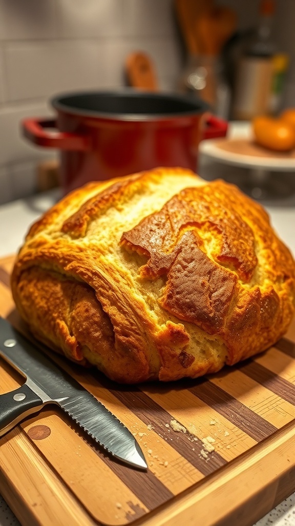 A golden-brown crusty loaf of Dutch oven bread on a wooden board with a knife.